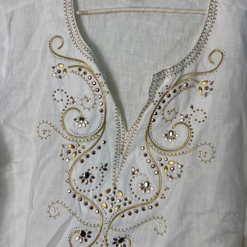 JM Collection White Natural Linen Embellished Tunic Shirt Artsy Top Womens XL - Picture 7 of 10